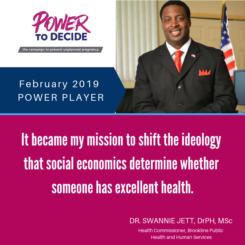 Headshot of Swannie Jett with a quote, "It became my mission to shift the ideology that social economics determine whether someone has excellent health."