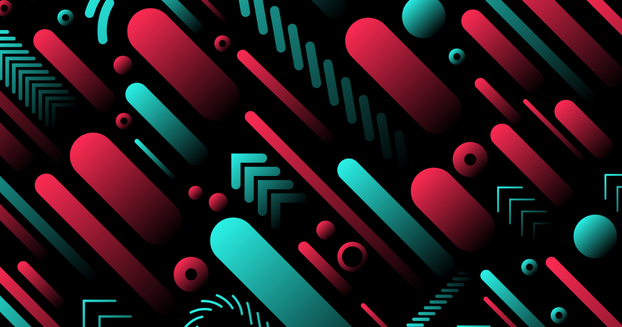 An abstract pattern of red and teal shapes. 