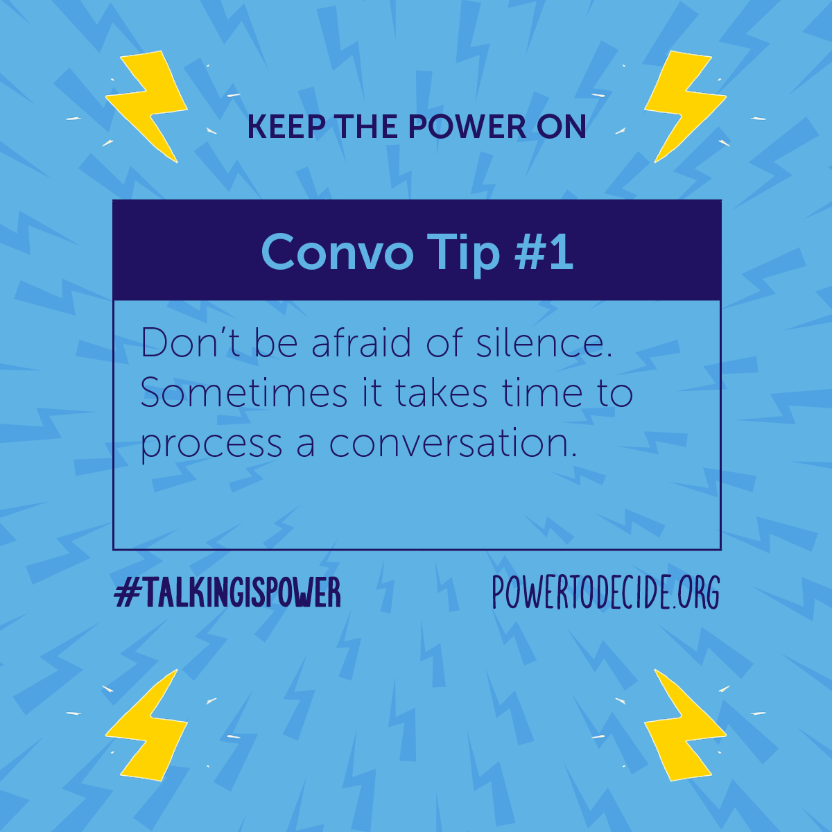 A tip for starting conversations with young people that reads, "Don't be afraid of silence. Sometimes it takes time to process a conversation."
