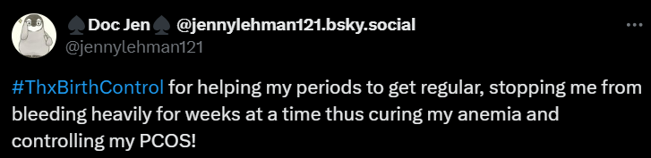 A screenshot of an X post by user @jennylehman121 saying #ThxBirthControl.