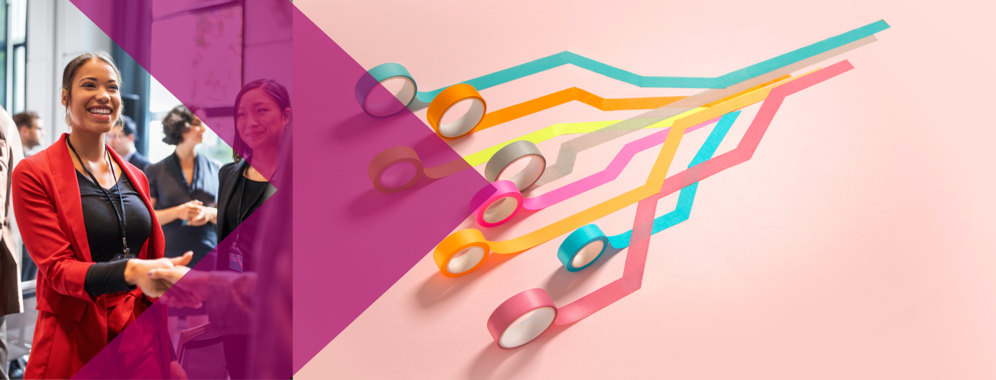 An image of people shaking hands at a business meeting next to an image of different  colors of tape rolling out towards a central point. 