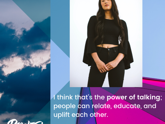 A photo of Okamoto and a quote from the interview, "I think that's the power of talking, people can relate, educate, and uplift each other."