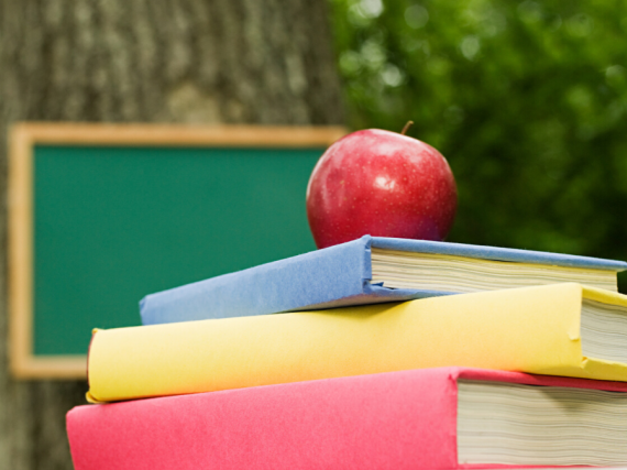 Outside, an apple sits on top of a pile of schoolbooks with a blackboard hung on a tree in the background. 