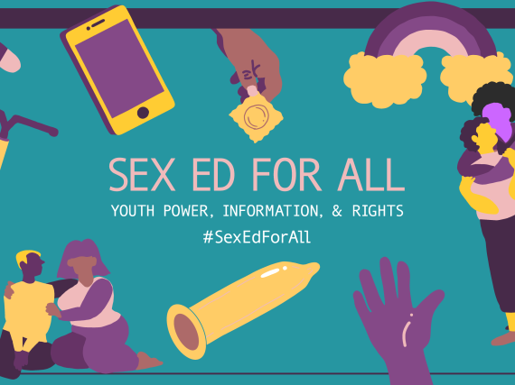 An image that reads, "Sex ed for all" with pictures of people and brith control methods