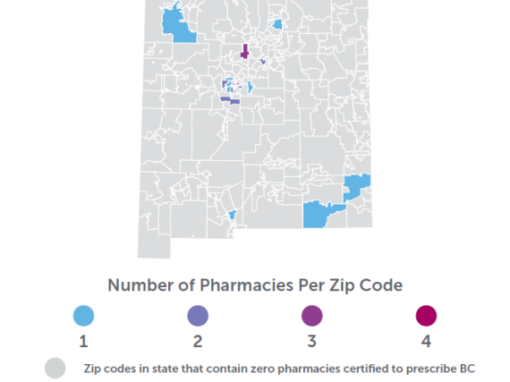 A map of New Mexico showing the density of pharmacies prescribing birth control by zip code.