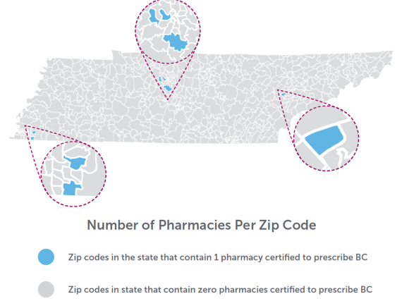 A map of Tennessee showing the density of birth control prescribing by pharmacies by zip code. 