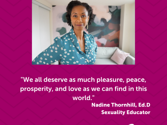 An image of Nadine Thornhill and a quote from the interview, "We all deserve as much pleasure, peace, prosperity, and love as we can find in this world."
