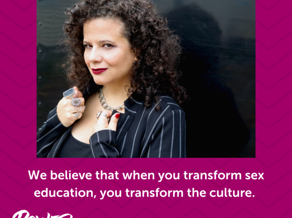 A photo of Jaclyn Friedman and a quote from the interview, "We believe that when you transform sex education, you transform the culture."