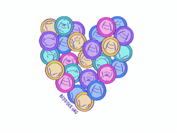 A gif of multicolored illustrated condoms forming a heart. 