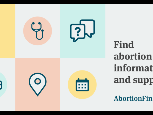 A series of 6 icons next to the words, "Find abortion care, information, and support. AbortionFinder.org."